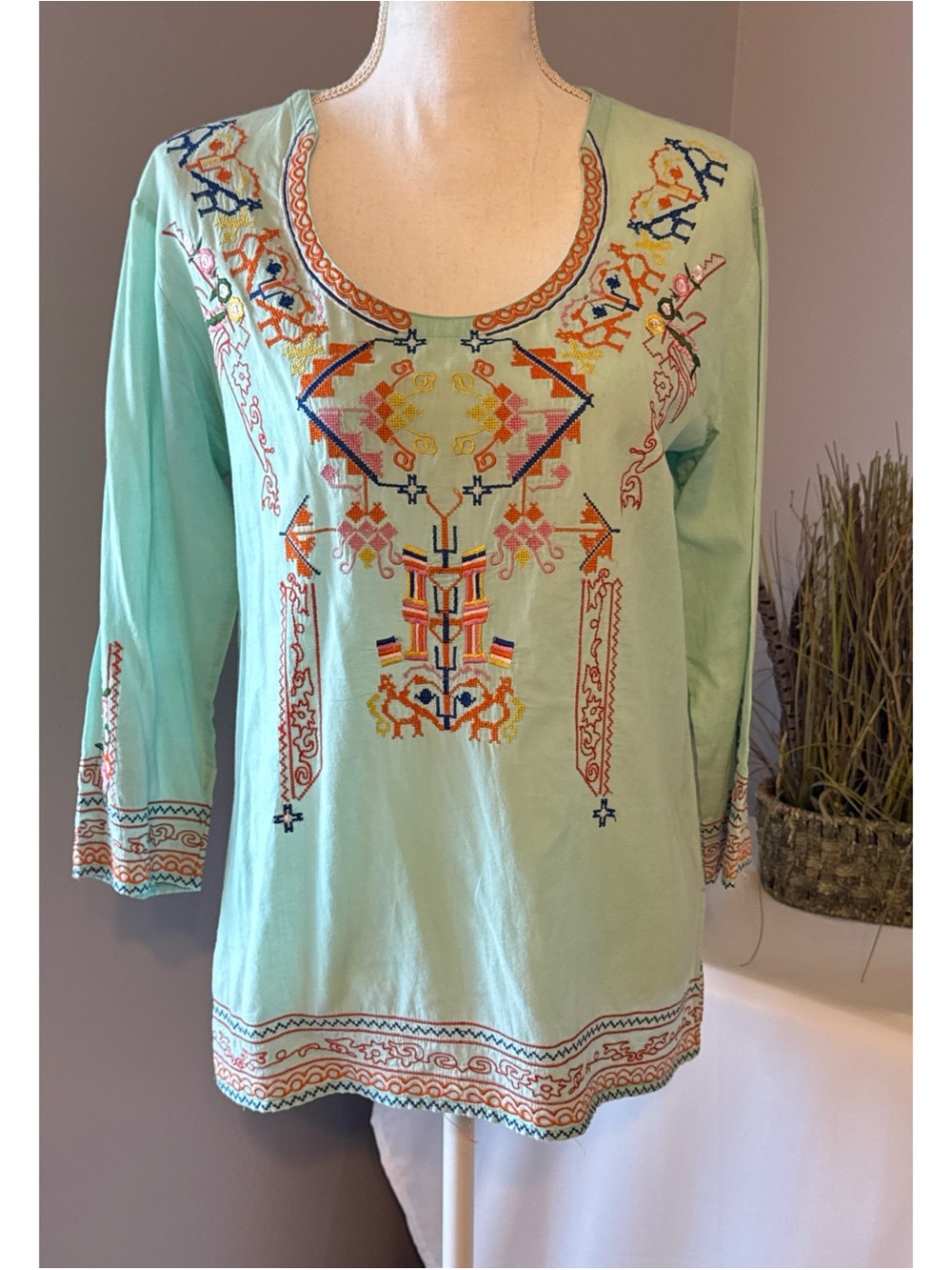 Sincerely Mary Embroidered Boho Tunic Top Size S Mint Green 3/4 Sleeve